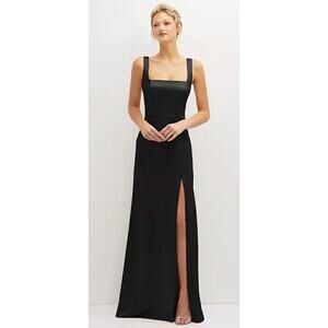 Thread NWT Black Square Neck Satin A-line Maxi Dress Wedding Guest Prom Gala S